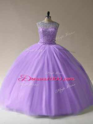 Traditional Sleeveless Tulle Floor Length Lace Up 15th Birthday Dress in Lavender with Beading