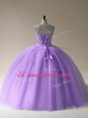 Traditional Sleeveless Tulle Floor Length Lace Up 15th Birthday Dress in Lavender with Beading