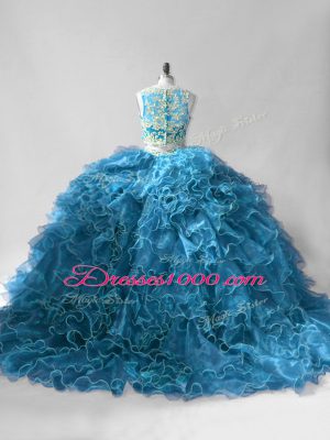 Organza Scoop Sleeveless Brush Train Zipper Beading and Ruffles Quinceanera Dresses in Blue