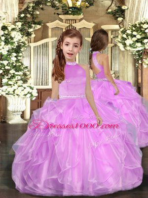 Floor Length Backless Kids Formal Wear Lilac for Party and Sweet 16 and Wedding Party with Beading and Ruffles