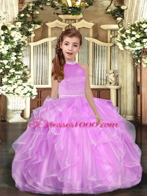 Floor Length Backless Kids Formal Wear Lilac for Party and Sweet 16 and Wedding Party with Beading and Ruffles