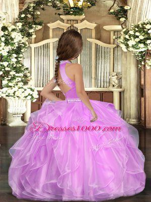 Floor Length Backless Kids Formal Wear Lilac for Party and Sweet 16 and Wedding Party with Beading and Ruffles