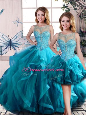 Aqua Blue Sleeveless Floor Length Beading and Ruffles Lace Up Vestidos de Quinceanera