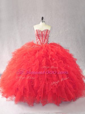 Red Sleeveless Tulle Lace Up 15th Birthday Dress for Sweet 16 and Quinceanera