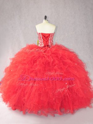 Red Sleeveless Tulle Lace Up 15th Birthday Dress for Sweet 16 and Quinceanera