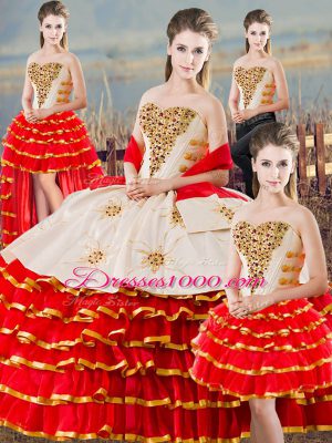 Floor Length Lace Up Ball Gown Prom Dress White And Red for Sweet 16 and Quinceanera with Beading and Ruffled Layers