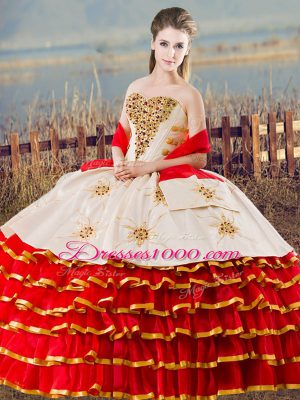Floor Length Lace Up Ball Gown Prom Dress White And Red for Sweet 16 and Quinceanera with Beading and Ruffled Layers