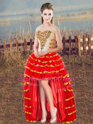Floor Length Lace Up Ball Gown Prom Dress White And Red for Sweet 16 and Quinceanera with Beading and Ruffled Layers