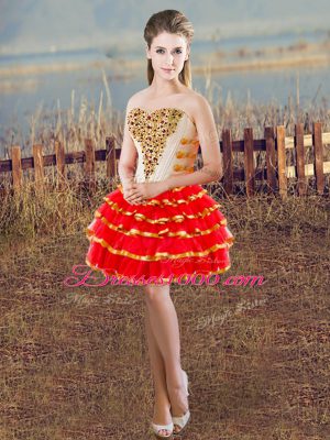 Floor Length Lace Up Ball Gown Prom Dress White And Red for Sweet 16 and Quinceanera with Beading and Ruffled Layers