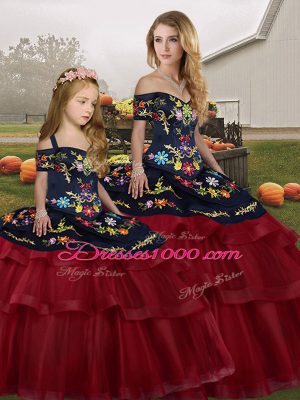 Designer Wine Red Ball Gowns Off The Shoulder Sleeveless Tulle Brush Train Lace Up Embroidery and Ruffled Layers Quinceanera Dress