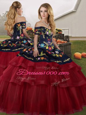 Designer Wine Red Ball Gowns Off The Shoulder Sleeveless Tulle Brush Train Lace Up Embroidery and Ruffled Layers Quinceanera Dress