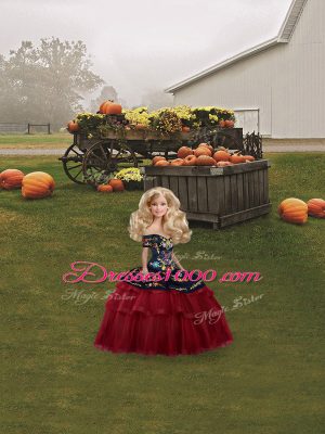 Designer Wine Red Ball Gowns Off The Shoulder Sleeveless Tulle Brush Train Lace Up Embroidery and Ruffled Layers Quinceanera Dress