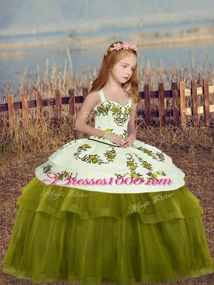 High Quality Tulle Straps Sleeveless Lace Up Embroidery Little Girl Pageant Dress in Olive Green