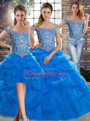 Fashionable Blue Tulle Lace Up Off The Shoulder Sleeveless 15 Quinceanera Dress Brush Train Beading and Pick Ups