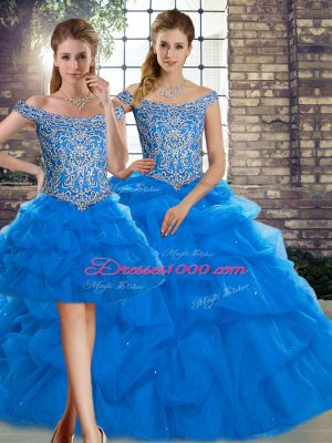 Fashionable Blue Tulle Lace Up Off The Shoulder Sleeveless 15 Quinceanera Dress Brush Train Beading and Pick Ups