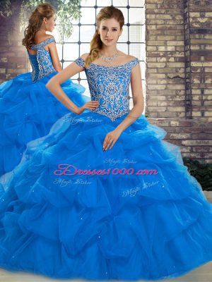 Fashionable Blue Tulle Lace Up Off The Shoulder Sleeveless 15 Quinceanera Dress Brush Train Beading and Pick Ups