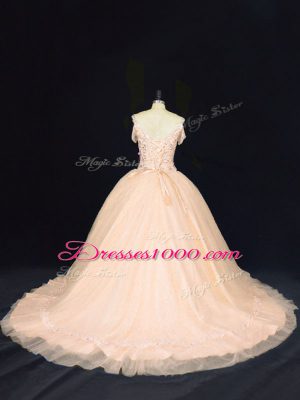 Peach Ball Gowns Tulle Off The Shoulder Sleeveless Beading Zipper Sweet 16 Quinceanera Dress Court Train