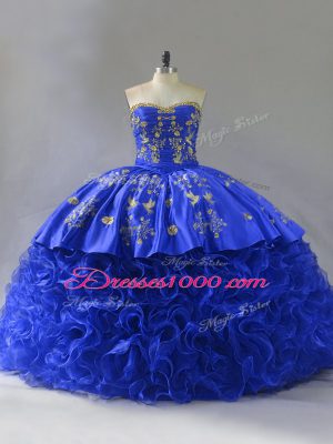 Sumptuous Sweetheart Sleeveless Quinceanera Gown Floor Length Embroidery and Ruffles Royal Blue Fabric With Rolling Flowers
