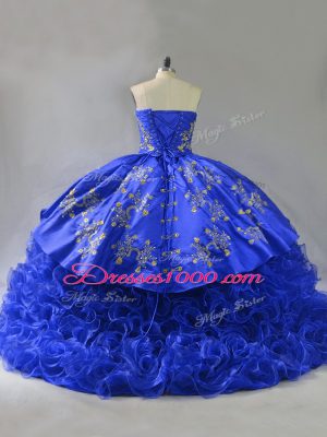 Sumptuous Sweetheart Sleeveless Quinceanera Gown Floor Length Embroidery and Ruffles Royal Blue Fabric With Rolling Flowers