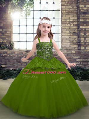 Eye-catching Ball Gowns Little Girl Pageant Dress Olive Green Straps Tulle Sleeveless Floor Length Lace Up