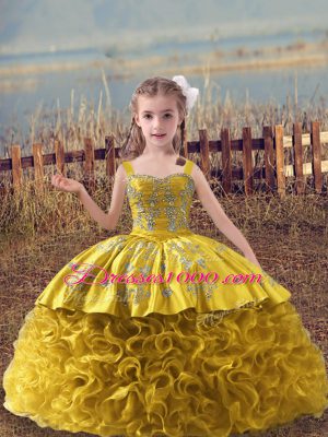 Gold Sleeveless Embroidery Lace Up Girls Pageant Dresses
