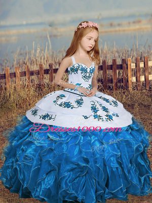 Fashion Embroidery and Ruffles Casual Dresses Blue Sleeveless Floor Length