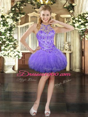 Lavender Halter Top Neckline Beading and Ruffles Prom Gown Sleeveless Lace Up