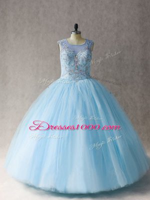 Ball Gowns Vestidos de Quinceanera Light Blue Scoop Tulle Sleeveless Floor Length Lace Up