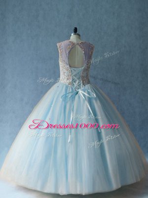 Ball Gowns Vestidos de Quinceanera Light Blue Scoop Tulle Sleeveless Floor Length Lace Up