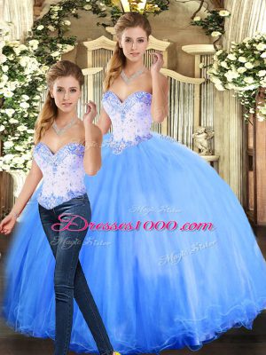 Trendy Beading Quinceanera Gowns Blue Lace Up Sleeveless Floor Length