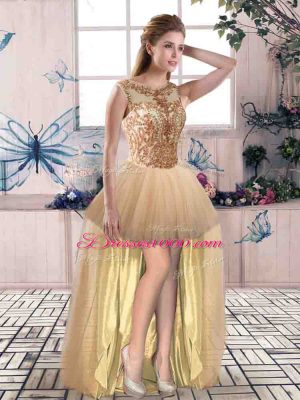 Spectacular A-line Dress for Prom Champagne Scoop Tulle Sleeveless High Low Lace Up