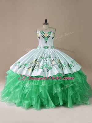 Low Price Green Organza Lace Up Sweetheart Sleeveless Quinceanera Gown Brush Train Embroidery