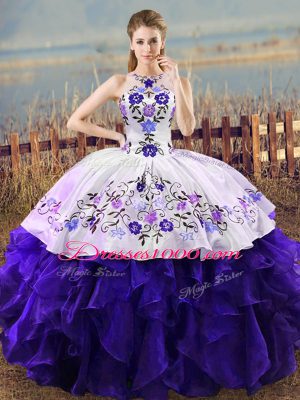 Floor Length White And Purple Sweet 16 Dresses Halter Top Sleeveless Lace Up