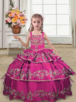 Fuchsia Sleeveless Satin Lace Up Little Girls Pageant Gowns for Wedding Party