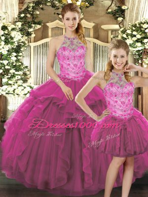 Floor Length Fuchsia Quinceanera Dress Tulle Sleeveless Beading and Ruffles