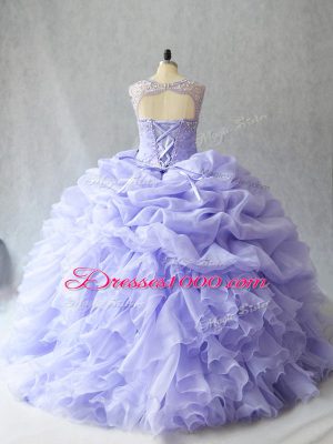Popular Lavender Scoop Lace Up Beading and Ruffles and Pick Ups Sweet 16 Quinceanera Dress Brush Train Sleeveless