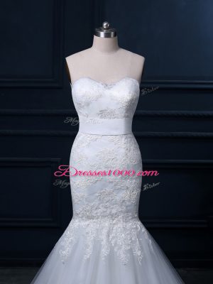 Sleeveless Brush Train Lace Zipper Wedding Dresses
