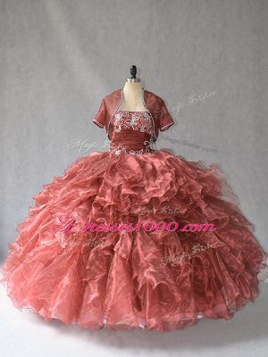 Sexy Red Ball Gowns Strapless Sleeveless Beading and Ruffles Floor Length Lace Up 15 Quinceanera Dress
