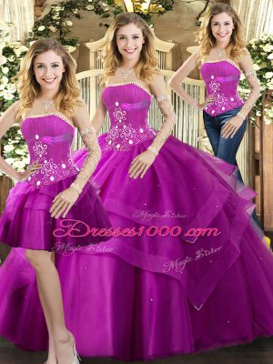Custom Fit Strapless Sleeveless 15th Birthday Dress Floor Length Beading and Ruffled Layers Fuchsia Tulle