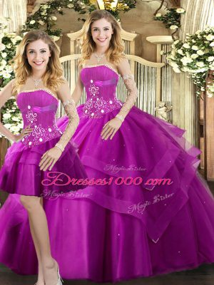 Custom Fit Strapless Sleeveless 15th Birthday Dress Floor Length Beading and Ruffled Layers Fuchsia Tulle