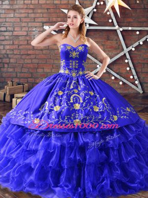 Ideal Organza Sweetheart Sleeveless Lace Up Embroidery and Ruffled Layers Vestidos de Quinceanera in Royal Blue