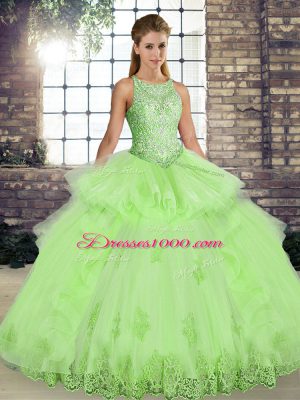 Ball Gowns Ball Gown Prom Dress Yellow Green Scoop Tulle Sleeveless Floor Length Lace Up