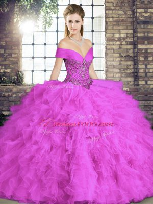 Fabulous Sleeveless Lace Up Floor Length Beading and Ruffles Ball Gown Prom Dress