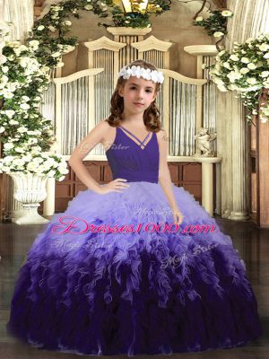 Multi-color Ball Gowns V-neck Sleeveless Tulle Floor Length Zipper Ruffles Little Girl Pageant Dress