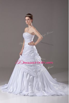 Superior White Taffeta Lace Up Strapless Sleeveless Wedding Gown Brush Train Beading and Pick Ups and Hand Made Flower