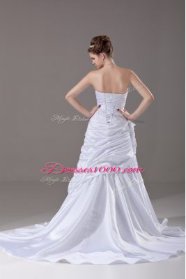 Superior White Taffeta Lace Up Strapless Sleeveless Wedding Gown Brush Train Beading and Pick Ups and Hand Made Flower