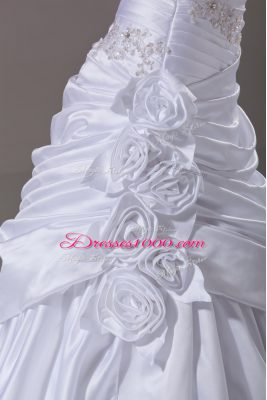 Superior White Taffeta Lace Up Strapless Sleeveless Wedding Gown Brush Train Beading and Pick Ups and Hand Made Flower
