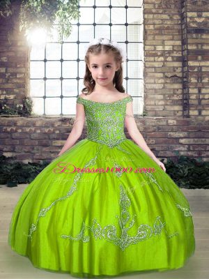 Tulle Lace Up Off The Shoulder Sleeveless Floor Length Girls Pageant Dresses Beading