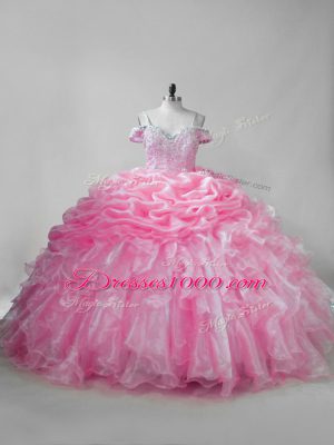 Pink Ball Gowns Beading and Ruffles and Pick Ups Pageant Gowns For Girls Lace Up Organza Sleeveless