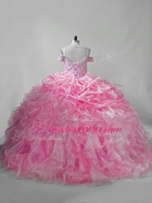 Pink Ball Gowns Beading and Ruffles and Pick Ups Pageant Gowns For Girls Lace Up Organza Sleeveless